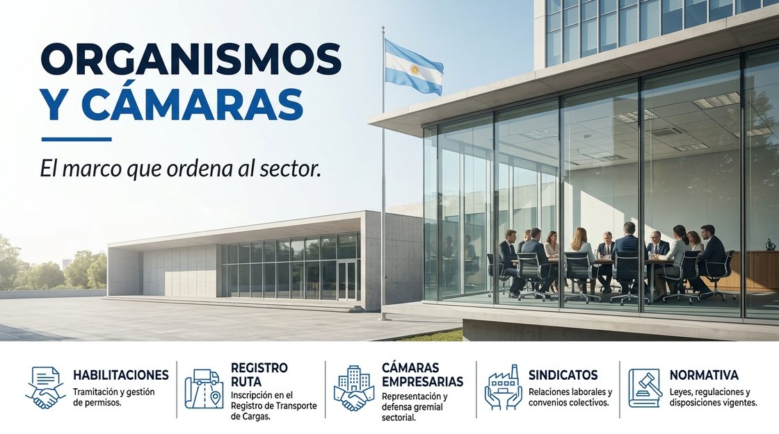 Edificio institucional con la bandera argentina y una sala de reuniones del sector transporte
