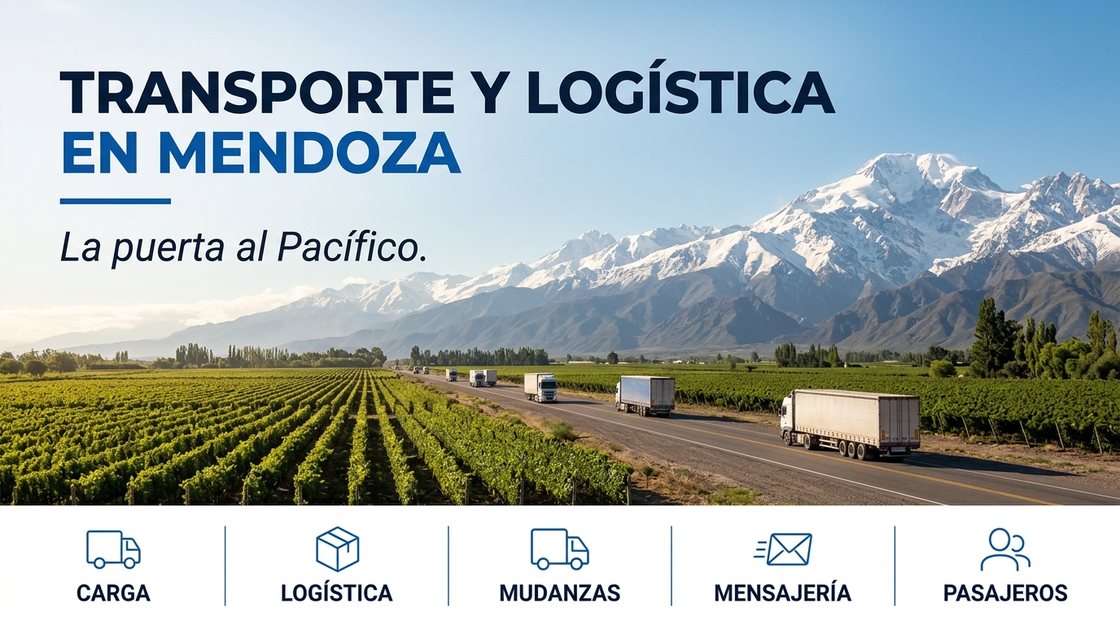 Camiones en la ruta hacia el paso a Chile, con viñedos y la cordillera nevada detrás