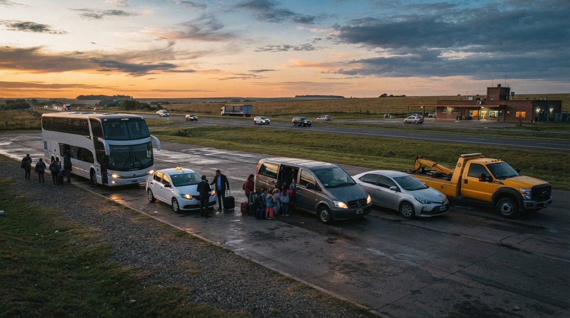Micro de larga distancia, taxi, combi, auto y grúa de auxilio en una parada de ruta al atardecer, con pasajeros bajando el equipaje